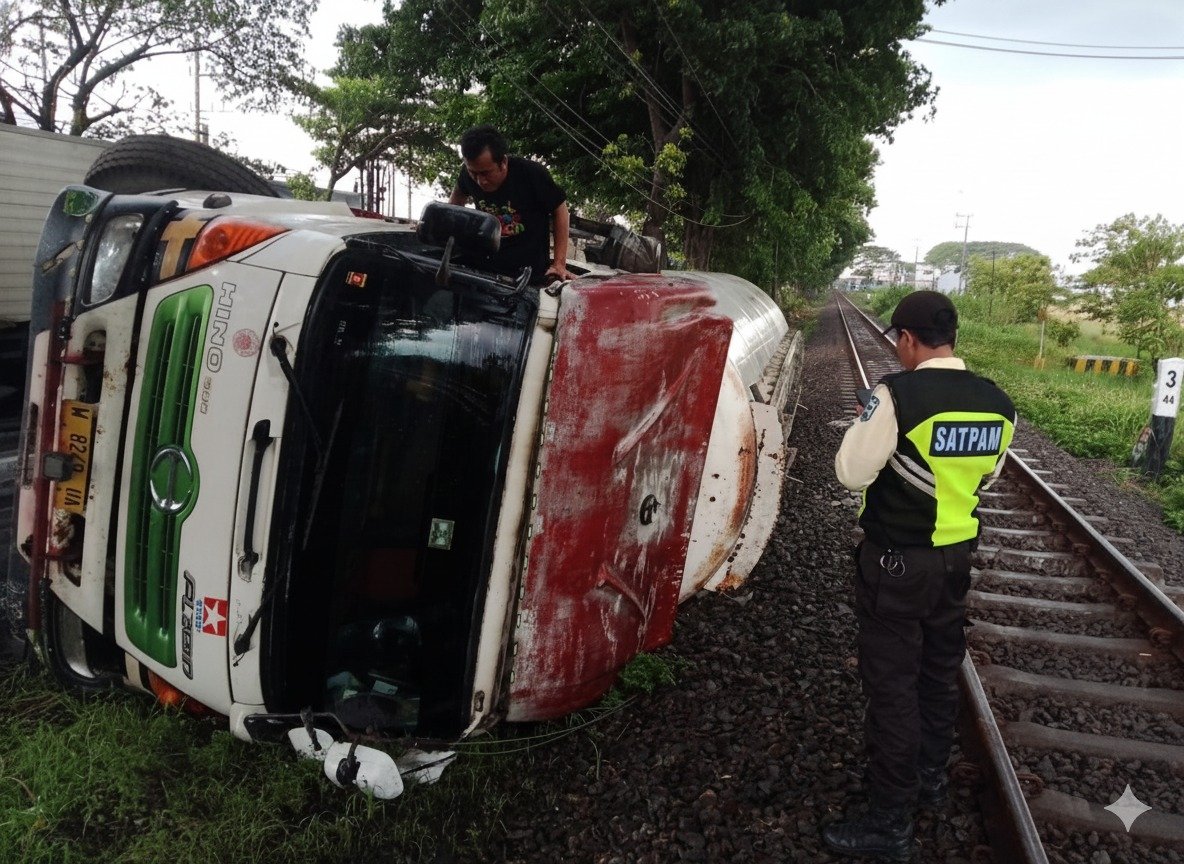 Truk Semen Terguling Dekat KA Logawa Ranggajati Alami Keterlambatan